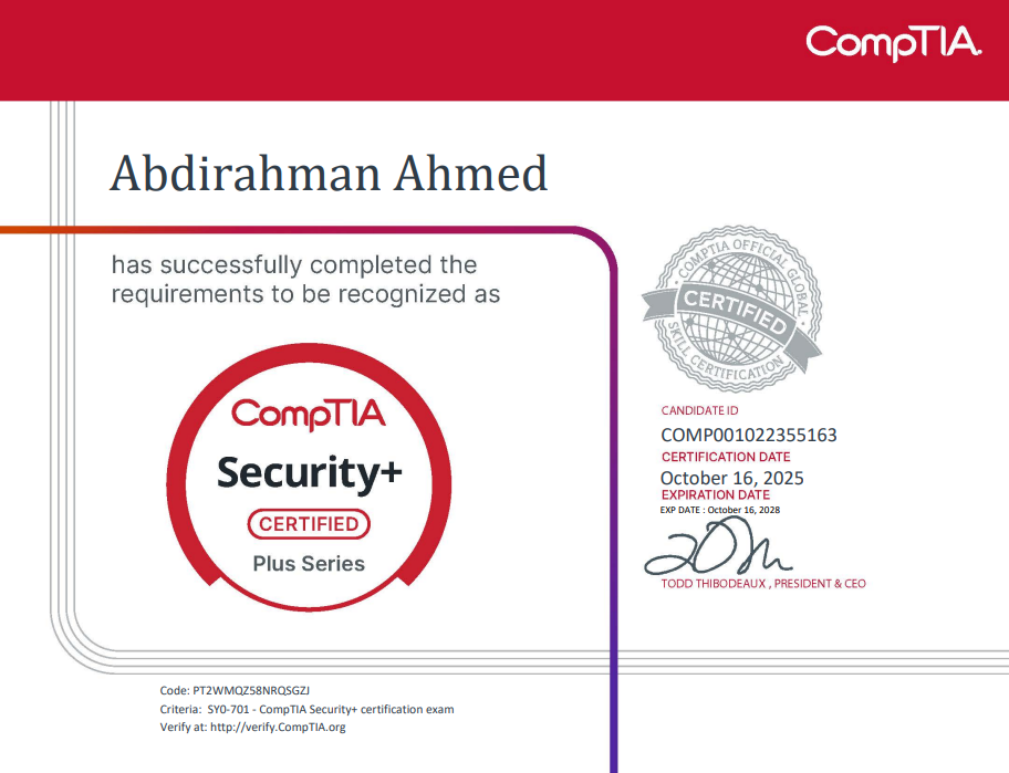 CompTIA Security+ Certificate - Abdirahman Ahmed